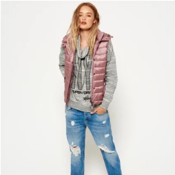Superdry “Luxe Fuji” Hooded Double Zipper Vest Shimmer Pink Extra Small Like New - Picture 2 of 15